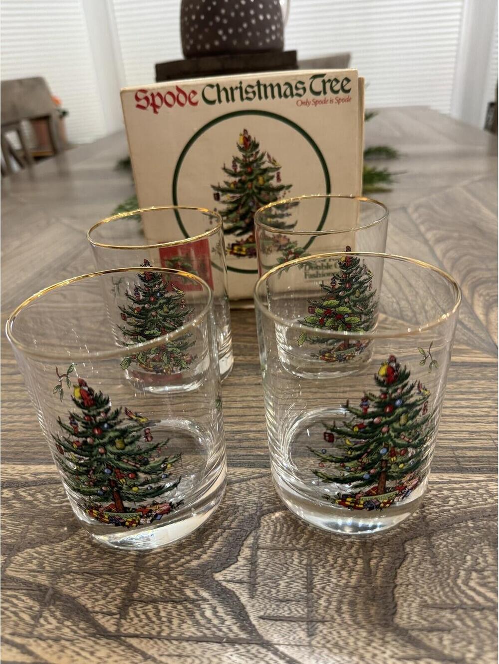Spode Christmas Tree Gold Rim Tumbler Drinking Glasses Set of 4 Barware Holiday